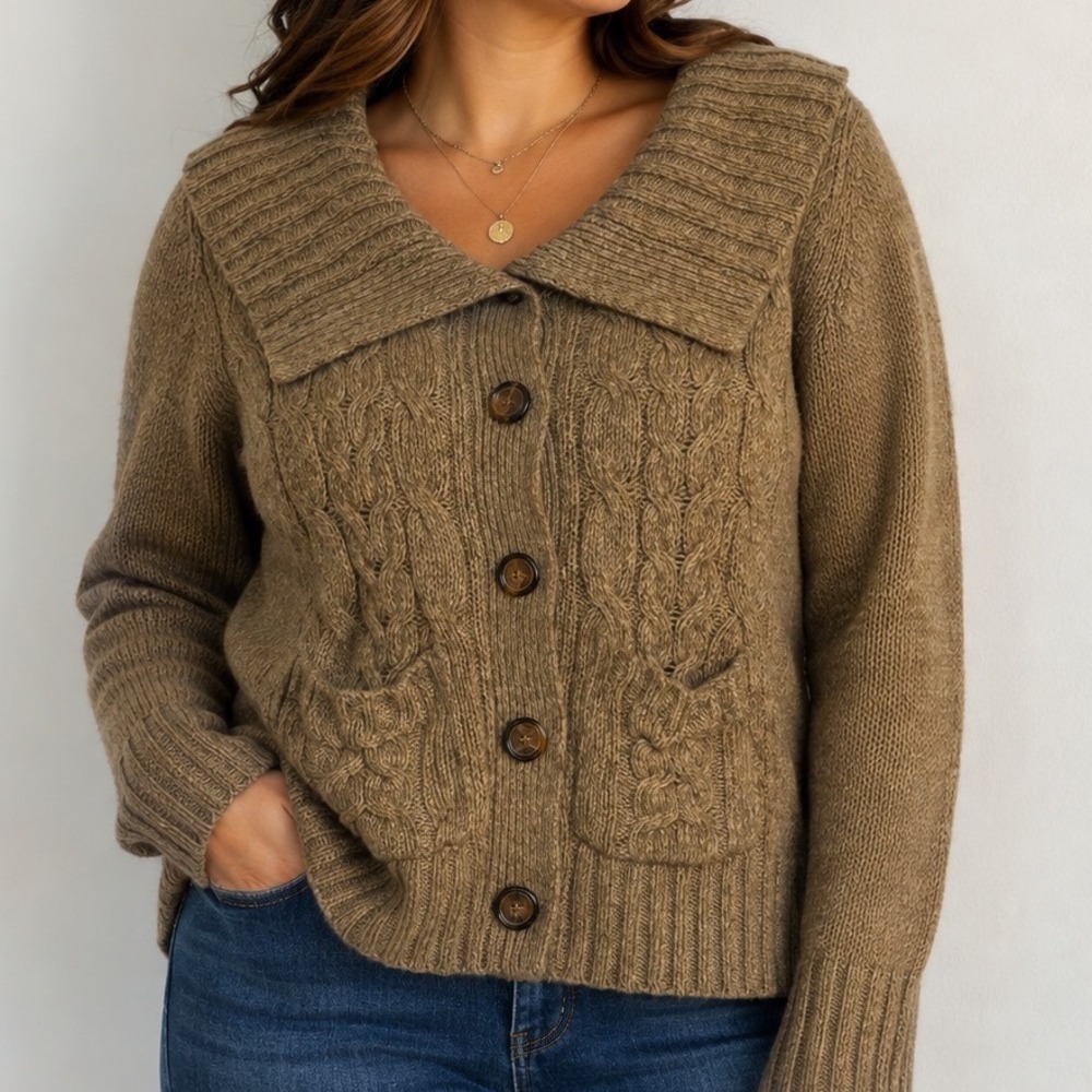 Women's XL Chunky Cable Knit Cardigan Oversized Collar Button Front Fisherman